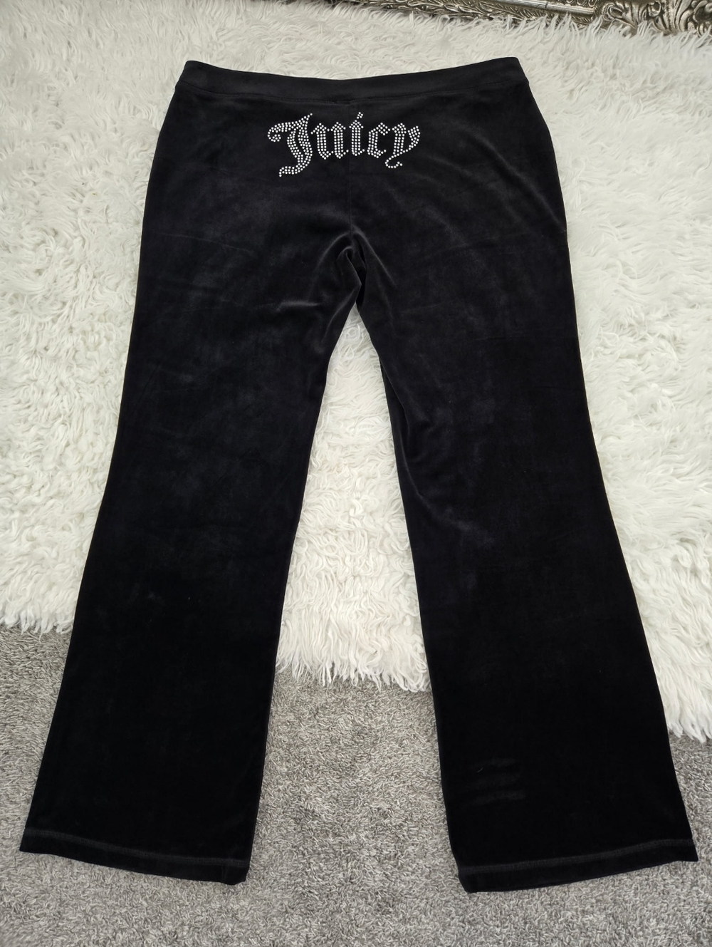 Juicy Couture OG Y2K Big Bling Licorice Black Velour Wide Leg Track Pants. Size